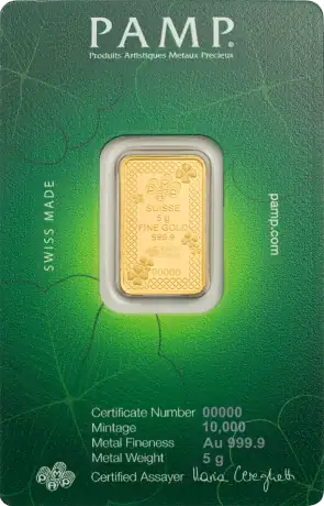 5g Goldbarren | PAMP | Gl&uuml;cksbringer &ndash; Vierbl&auml;ttriges Kleeblatt