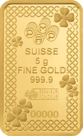 5g Goldbarren | PAMP | Gl&uuml;cksbringer &ndash; Vierbl&auml;ttriges Kleeblatt